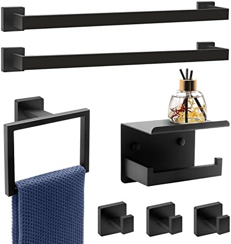 Dorudon atrox Matte Black Bathroom Hardware Set Towel Bar Set Black Bathroom Hardware Accessories Set with Towel Bars, Stainless Steel Wall Mounted Bathroom Towel Rack Set Square