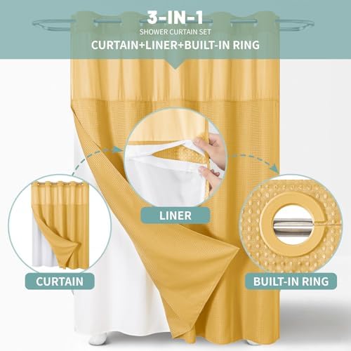 eachope No Hook Waffle Shower Curtain with Snap-in Liner, 71x74 Inch, Gold