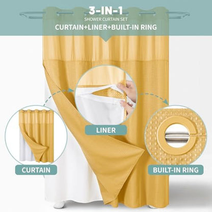 eachope No Hook Waffle Shower Curtain with Snap-in Liner, 71x74 Inch, Gold