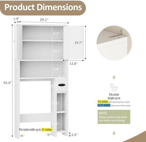 Bathroom Storage Cabinet Over Toilet with Toilet Paper Holder Stand, Freestanding Bathroom Storage Organizer Cabinet Space Saver W/Adjustable Shelf, White