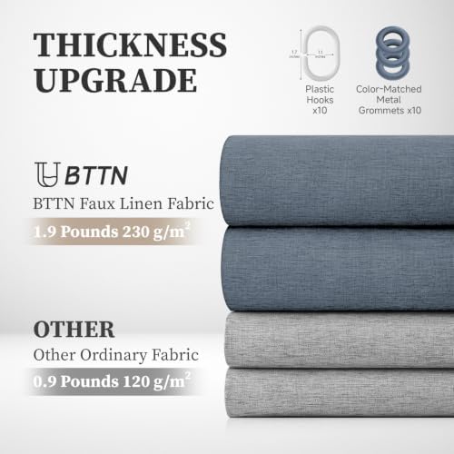 BTTN 60x72 Linen Textured Waterproof Fabric Shower Curtain Set, Blue Grey