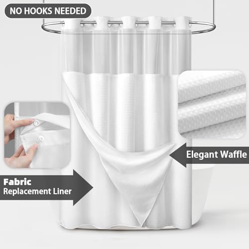 No Hook Shower Curtain with Liner Set Hotel Waffle Curtain White 72W X 81L