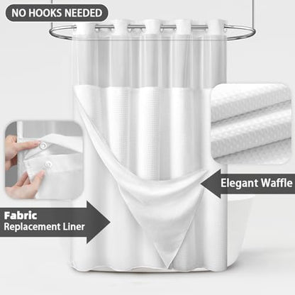 No Hook Shower Curtain with Liner Set Hotel Waffle Curtain White 72W X 78L