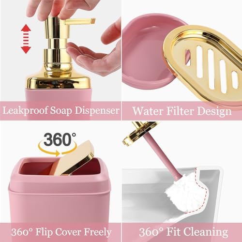 XLHOMO Bathroom Set - Pink and Gold Bathroom Accessories, Bathroom Sets with Shower Curtain and Rugs, Pink Shower Curtain Set with Bathroom Trash Can, Soap Dispenser, Soap Dish for Home Decor