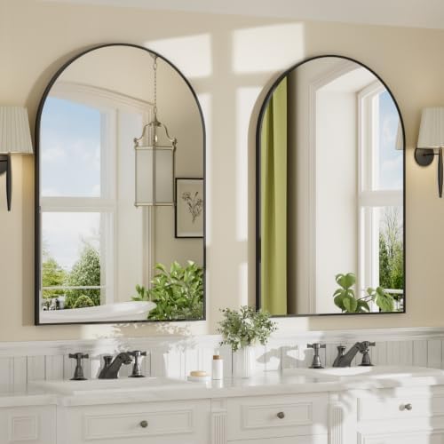 24"x30" Matte Black Arched Vanity Bathroom Mirror, Set of 2