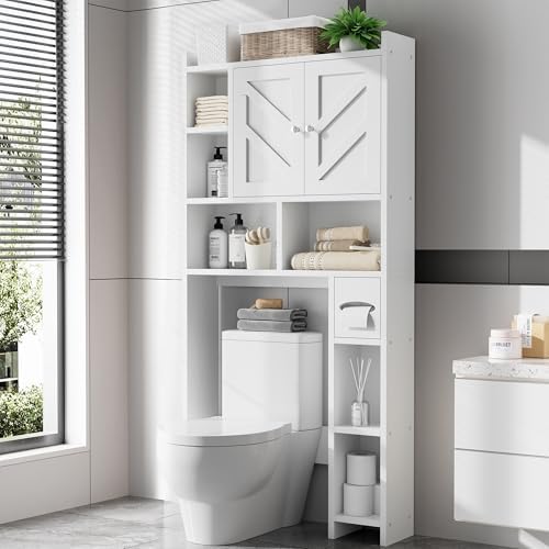 Over the Toilet Storage Cabinet, Freestanding Storage Cabinet Over Toilet, Bathroom Storages Organizer Cabinets with Toilet Paper Holder Stand and Adjustable Shelf, White
