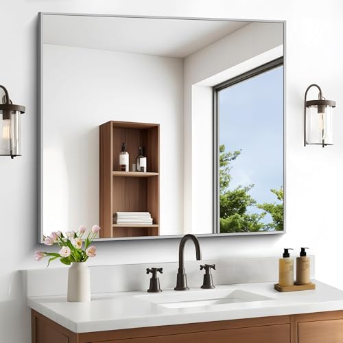 DESBING 36" x 40"Bathroom Mirror, Silver Rectangle Corner Wall Mirror with Metal Frame, Decorative Rectangular Vanity Mirror for Bedroom Bathroom Living Room Entryway (Horizontal/Vertical)