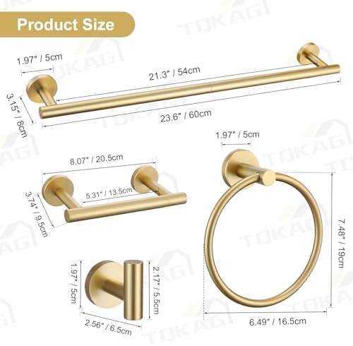 TQKAG 8-Pieces Bathroom Hardware Set, Brushed Gold Towel Bar Set 23.6 Inch