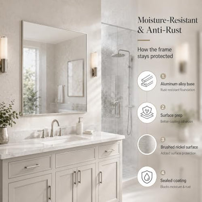30"x30" Brushed Nickel Framed Square Bathroom Vanity Wall Mirror