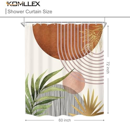Mid Century Green Boho Abstract Modern Brown Bathroom Shower Curtain Set