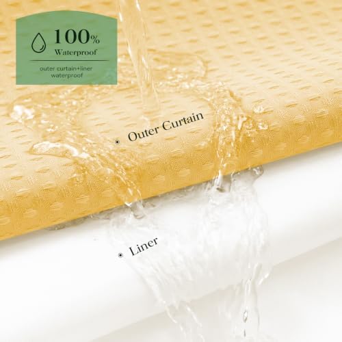 Dynamene Gold Hook Free Waffle Shower Curtain & Snap-in Fabric Liner,72x99