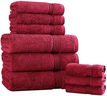 Superior Egyptian Cotton 9-Piece Towel Set, Assorted Towels for Home Bathroom, Guest Bath Decor Essentials, Includes 3 Bath, 3 Hand, 3 Face Towels/Washcloths, Quick Dry, Absorbent - Burgundy