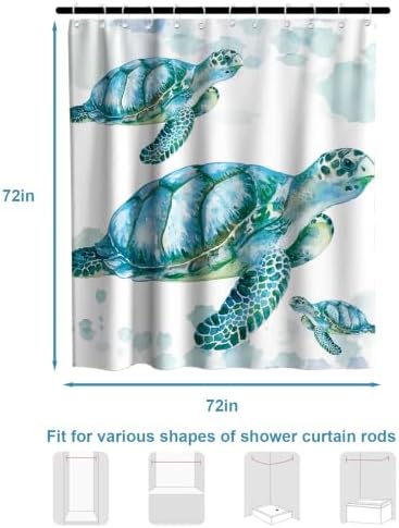 Cute Modern Ocean Shower Curtain, Beach Coastal Nautical Sea Turtle Shower Curtains for Bathroom, Waterproof Bath Curtain with Hooks Machine Washable Bathtub Curtains 72x72 Inch Blue Green