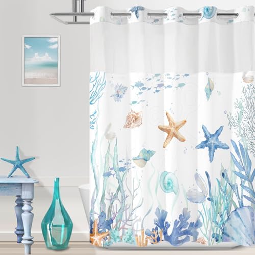 No Hook Shower Curtain and Liner Set, Watercolor Blue Beach Coastal 71x84