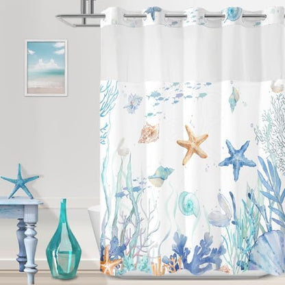 No Hook Shower Curtain and Liner Set, Watercolor Blue Beach Coastal 71x84