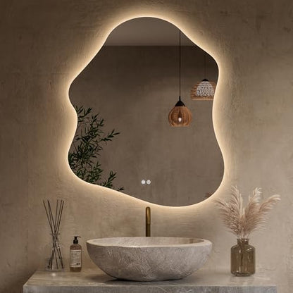 Keonjinn Irregular Backlit Bathroom Mirror 30 x 36 Inch, HD Tempered Glass