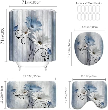 Onalasyc 4PCS Blue Daisy Floral Bathroom Sets with Shower Curtain and Rugs