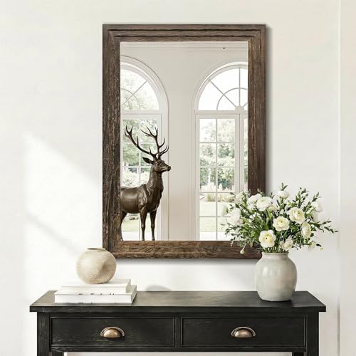 Farmhouse Rustic Wood Framed Bathroom Vanity Mirror for Wall, 24x36, Brown