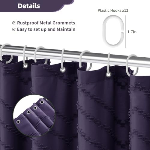 Siiluminisoy Extra Long Boho Shower Curtain, Woven Fabric 84 in Dark Purple, 72 x 84, Tufted Chevron Striped Modern Chic Textured Minimalist Bathroom Shower Curtain