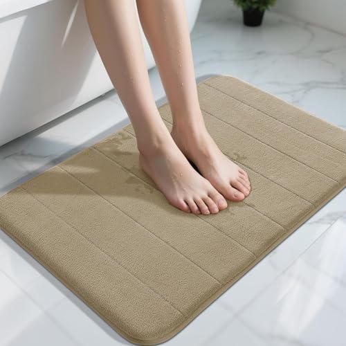 Yimobra Memory Foam Bath Mat, Super Soft Absorbent Bathroom Rug Non Slip 31.5x20 Inch, Quick Dry, Machine Washable Floor Carpet for Tub Shower, Home Decor Accessories, Light Tan