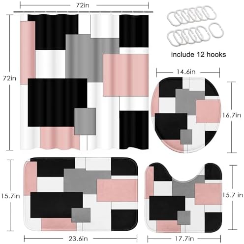Bathroom Sets with Shower Curtain and Rugs, 4 Pcs, Geometric Pink