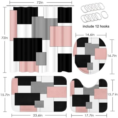 Bathroom Sets with Shower Curtain and Rugs, 4 Pcs, Geometric Pink