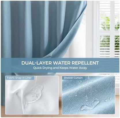 River Dream Linen Textured No Hooks Shower Curtain with Liner,Blue,71x74