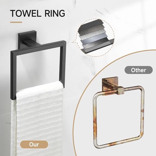 TQKAG Matte Black Bathroom Hardware Accessories Set 10 Pieces, 23.6" SUS304 Stainless Steel Towel Bar Set Wall Mounted Includes Single Towel Bar, Towel Ring, Toilet Paper Holder, Double Towel Hooks