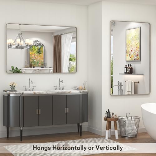 40x36 Inch Brushed Nickel Bathroom Mirror, Brushed Silver Metal Framed Wall Mirror, Rounded Corner Rectangle Modern Vanity Mirror, Tempered Glass, Anti-Rust, Shatterproof (Horizontal/Vertical)
