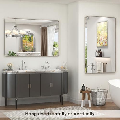 40x36 Inch Brushed Nickel Bathroom Mirror, Brushed Silver Metal Framed Wall Mirror, Rounded Corner Rectangle Modern Vanity Mirror, Tempered Glass, Anti-Rust, Shatterproof (Horizontal/Vertical)