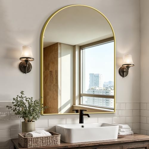Arched Bathroom Vanity Mirror for Over Sink, 38”x26”, Gold