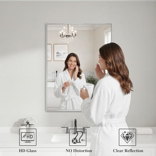 Koonmi Silver Rectangle Wall Mirror, 20x30 Inch Bathroom Mirror, Aluminum Frame Vanity Mirror for Entryway, Living Room, Bedroom Bathroom, Hangs Horizontally or Vertically