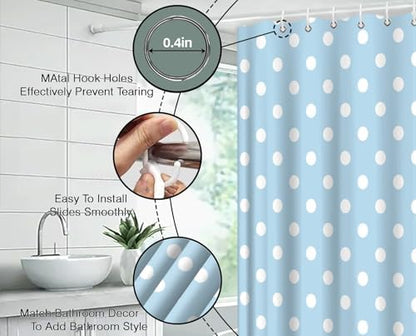 Polka Dot Shower Curtain Light Blue White Retro Spot Vintage Fabric Decorative Bathroom Curtains with Hooks,70" Wx78 H