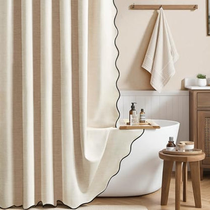 BTTN Extra Long Scalloped Linen Textured Shower Curtain, 72x96, Beige/Cream