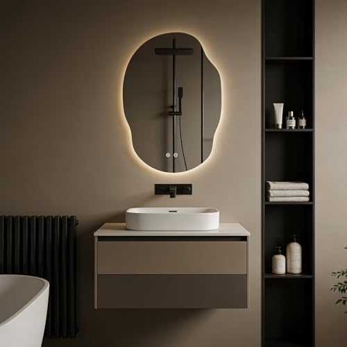 WallBeyond Asymmetrical Bathroom Mirror with Lights, Irregular LED Backlit Vanity Mirror, 31" H x 22" W, Anti-Fog, Dimmable Lighting with 3 Color Temp, Memory, Hardwired, Vertical or Horizontal Mount