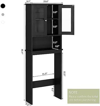 Over the Toilet Storage Cabinet for Bathroom, 75in Black Over Toilet Cabinet Freestanding Storage Organizer, Space Saver with Doors and Adjustable Shelf, Black