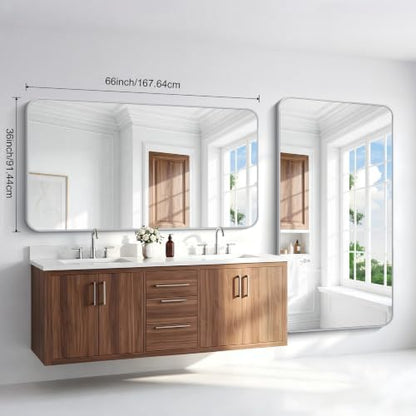 BONEWEI Silver Bathroom Mirror,66x36 inch Wall Mirror for Bathroom Wall Mounted,Rectangle Mirror for Bathroom Over Sink,Modern Frame Round Corner for Living Room,Bedroom Entryway,Horizontal/Vertical