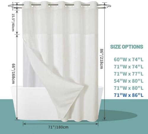 eachope No Hook Long Waffle Shower Curtain, Snap-in Liner, 71x86 in, Cream
