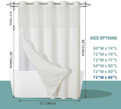 eachope No Hook Long Waffle Shower Curtain, Snap-in Liner, 71x86 in, Cream