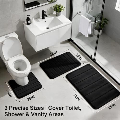 Bathroom Rugs Set Memory Foam Bath Rugs Non-Slip Bath Mat Set 3 Piece,Washable Bathroom Mats,Absorbent Shaggy Rugs Super Soft U-Shaped Toilet Rug,Bahroom Carpets for Bathroom,Tub,Shower（Black）