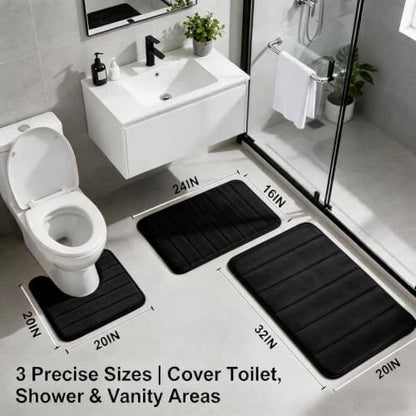 Bathroom Rugs Set Memory Foam Bath Rugs Non-Slip Bath Mat Set 3 Piece,Washable Bathroom Mats,Absorbent Shaggy Rugs Super Soft U-Shaped Toilet Rug,Bahroom Carpets for Bathroom,Tub,Shower（Black）