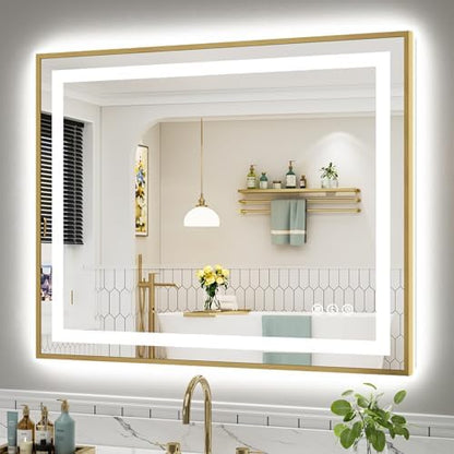 44x36 Inch LED Bathroom Mirror with Gold Frame, Backlit & Front Lit