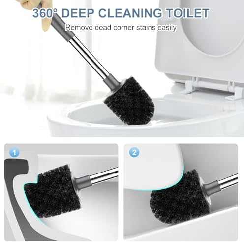 SetSail Toilet Brush and Holder 3 Pack, Self Closing Lid Toilet Bowl Brushes Holder Extra Long Handle Ventilated Toilet Brush Set for Bathroom Cleaning, Nylon Bristles, Grey
