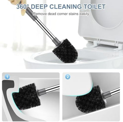 SetSail Toilet Brush and Holder 2 Pack, Self Closing Lid Toilet Bowl Brushes Holder and Extra Long Handle Ventilated Toilet Brush Set for Bathroom Cleaning, Nylon Bristles, Grey