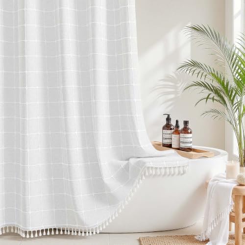 RiverDream Farmhouse No Hooks Shower Curtain with Snap-in Liner,White,71x80