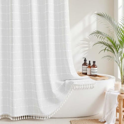RiverDream Farmhouse No Hooks Shower Curtain with Snap-in Liner,White,71x80