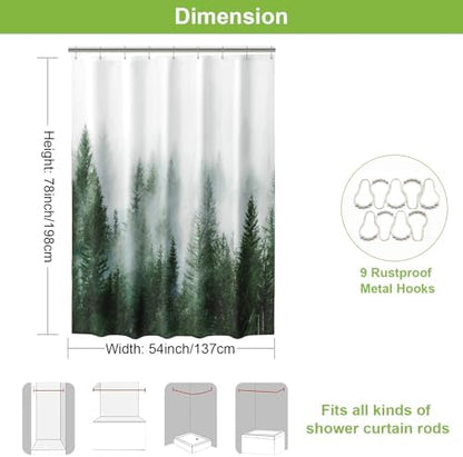ORTIGIA 54x78 Misty Forest Stall Shower Curtain for Small Bathroom, Green Narrow Nature Woodland Shower Curtain Set with Hooks, Waterproof Fabric Pine Tree Fog Magic Home Bath Curtain