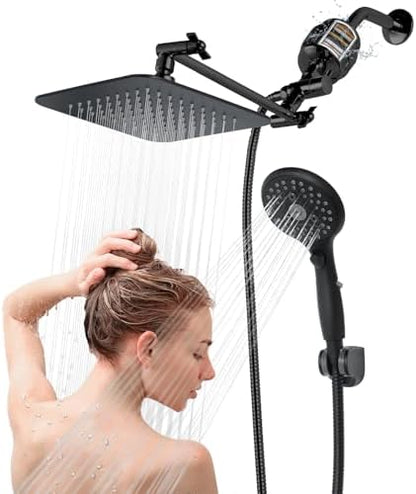 8'' Dual 20 Stage Filtered Shower Head with Handheld, 6 Spray Settings Handheld Shower Head High Pressure Rainfall Filter Combo with 12'' Adjustable Extension Arm, 71'' Shower Hose (Matte Black)