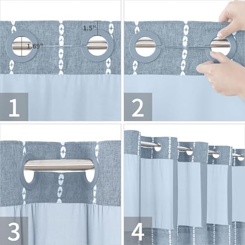 eachope Boho Farmhouse No Hook Shower Curtain Set with Snap-in Fabric Liner,Heavy-Duty Linen Textured Rustic Striped Design,Water-Repellent with Tassels and Sheer Window,Blue,71x74