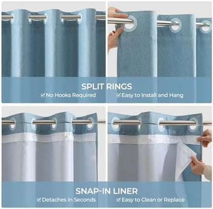 River Dream Linen Textured No Hooks Shower Curtain with Liner,Blue,71x74